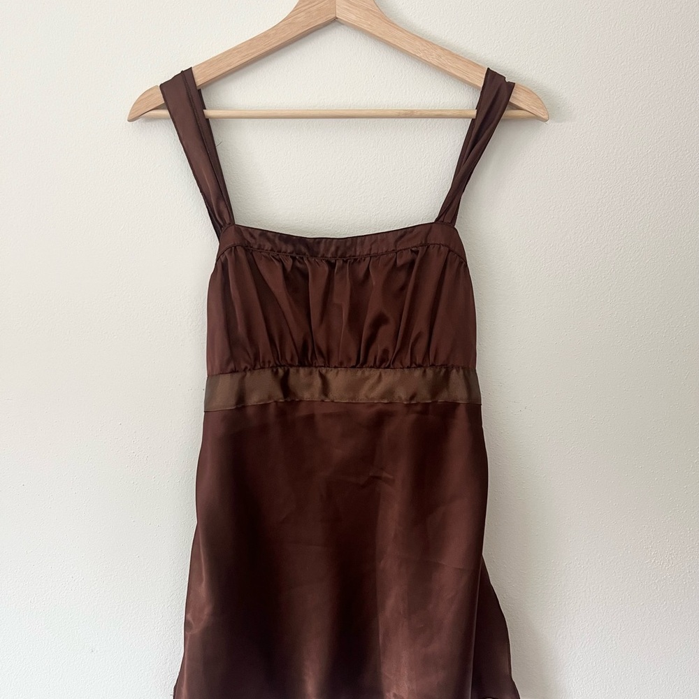 Brown Satin Tank Top Blouse Waist Tie Y2K Romantic Summer Boho Dressy